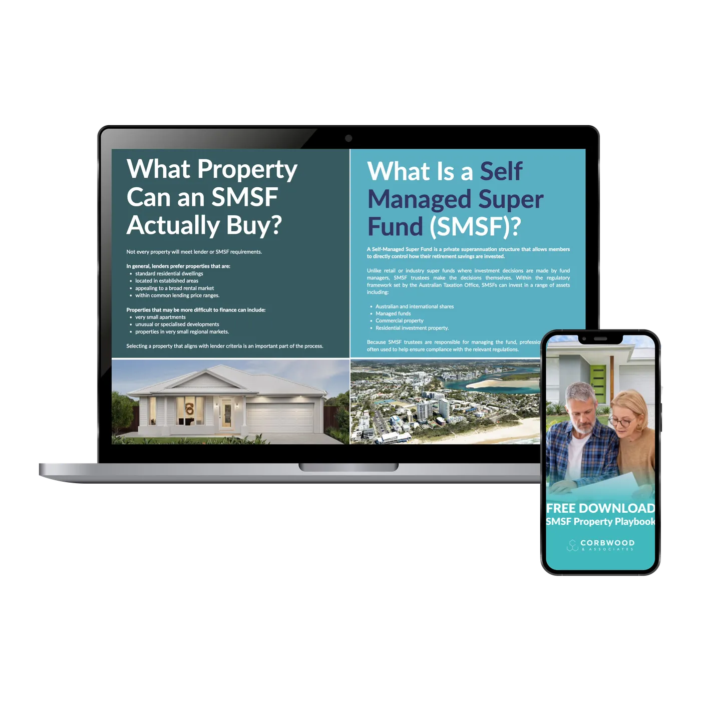 Corbwood SMSF Property Playbook — shown on a laptop and phone